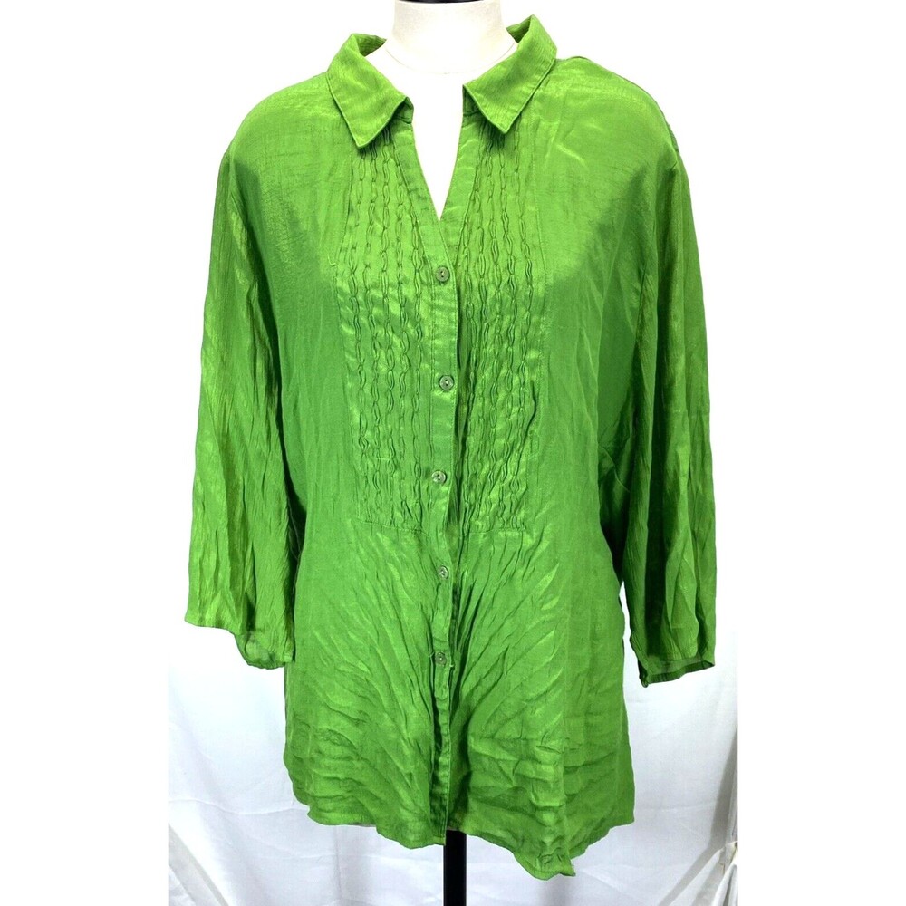 Maggie Barnes Womens 3X 26-28W Blouse Green Catherines 3/4 Sleeve Plus Button